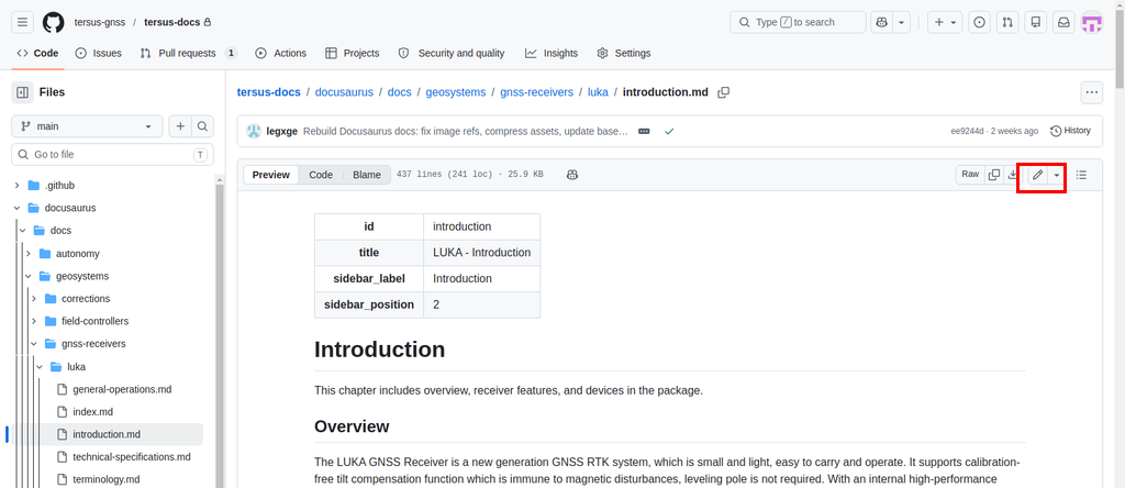 File preview page — click the pencil icon in the toolbar to start editing