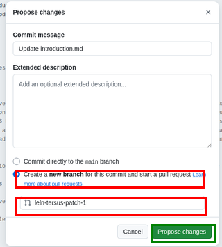 Commit changes dialog — select "Create a new branch" and click Propose changes