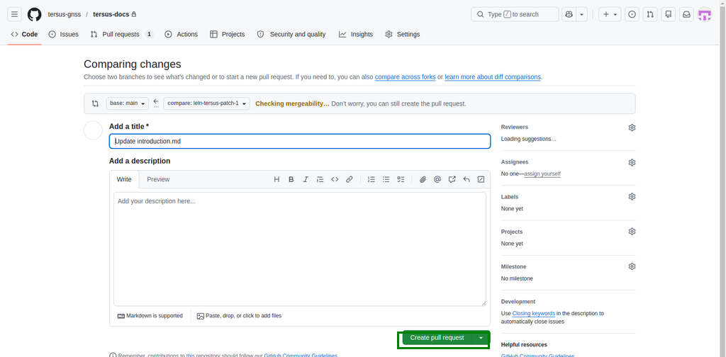 Open a pull request page — title and description are pre-filled from your commit