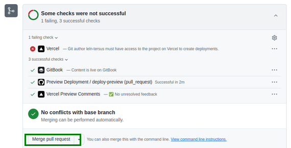 All checks passed — the reviewer clicks "Merge pull request" to publish your changes